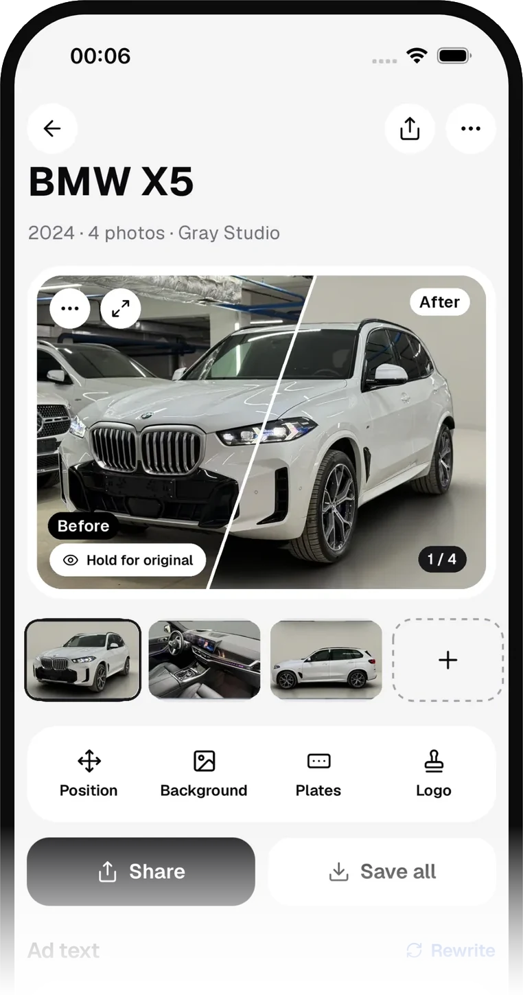 Aplikacja CarFlow AI: karta auta ze zdjęciem przed i po