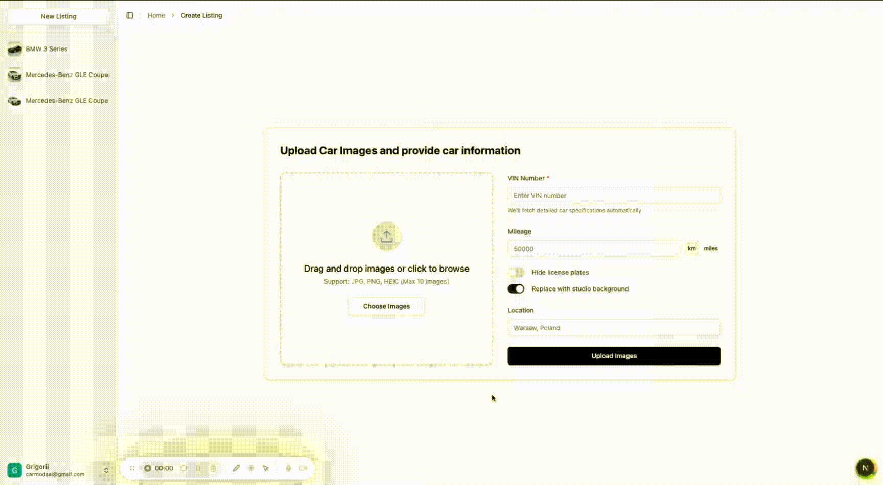 CarFlow AI car photo upload demonstration - step by step process